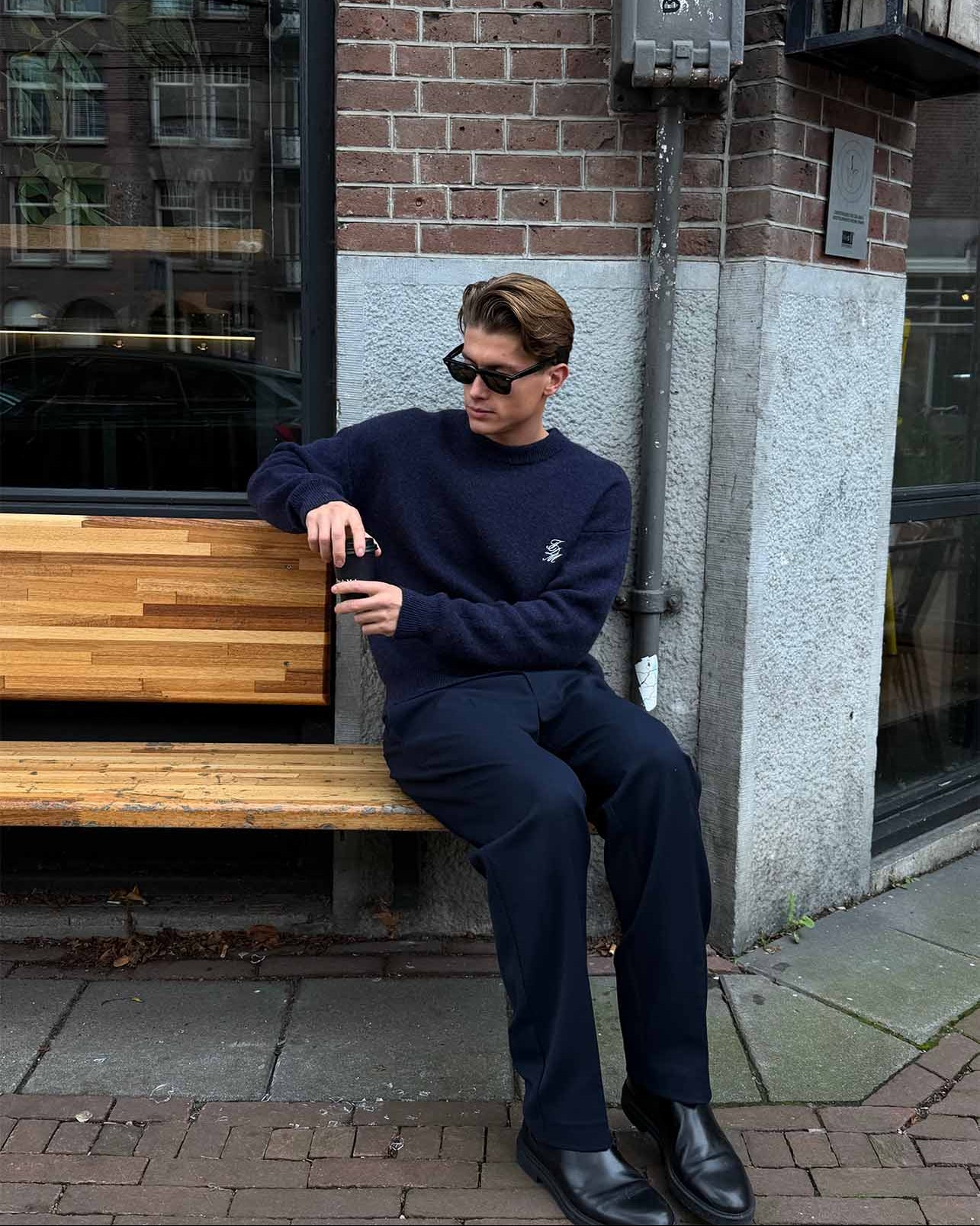 Model is 1.84 and wearing the size M Patch Trousers in the color Marine.